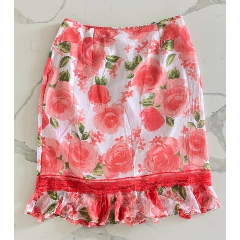 Y2K Vintage Jeremy Spencer 100% Silk Floral Ruffle Skirt Knee Length Coral Pink